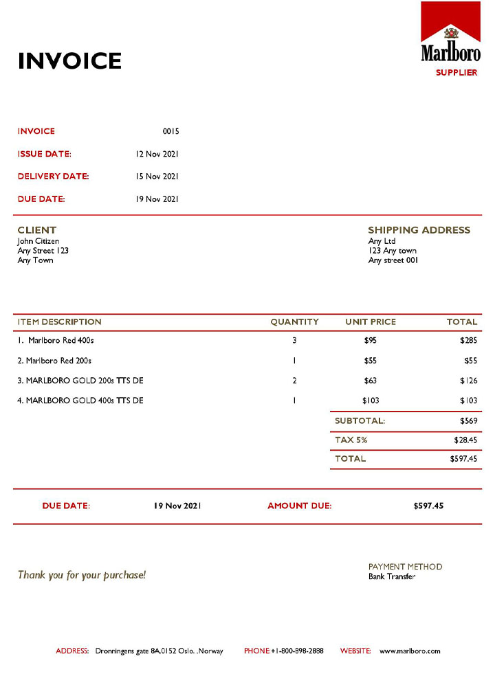 USA Marlboro invoice template PSD template